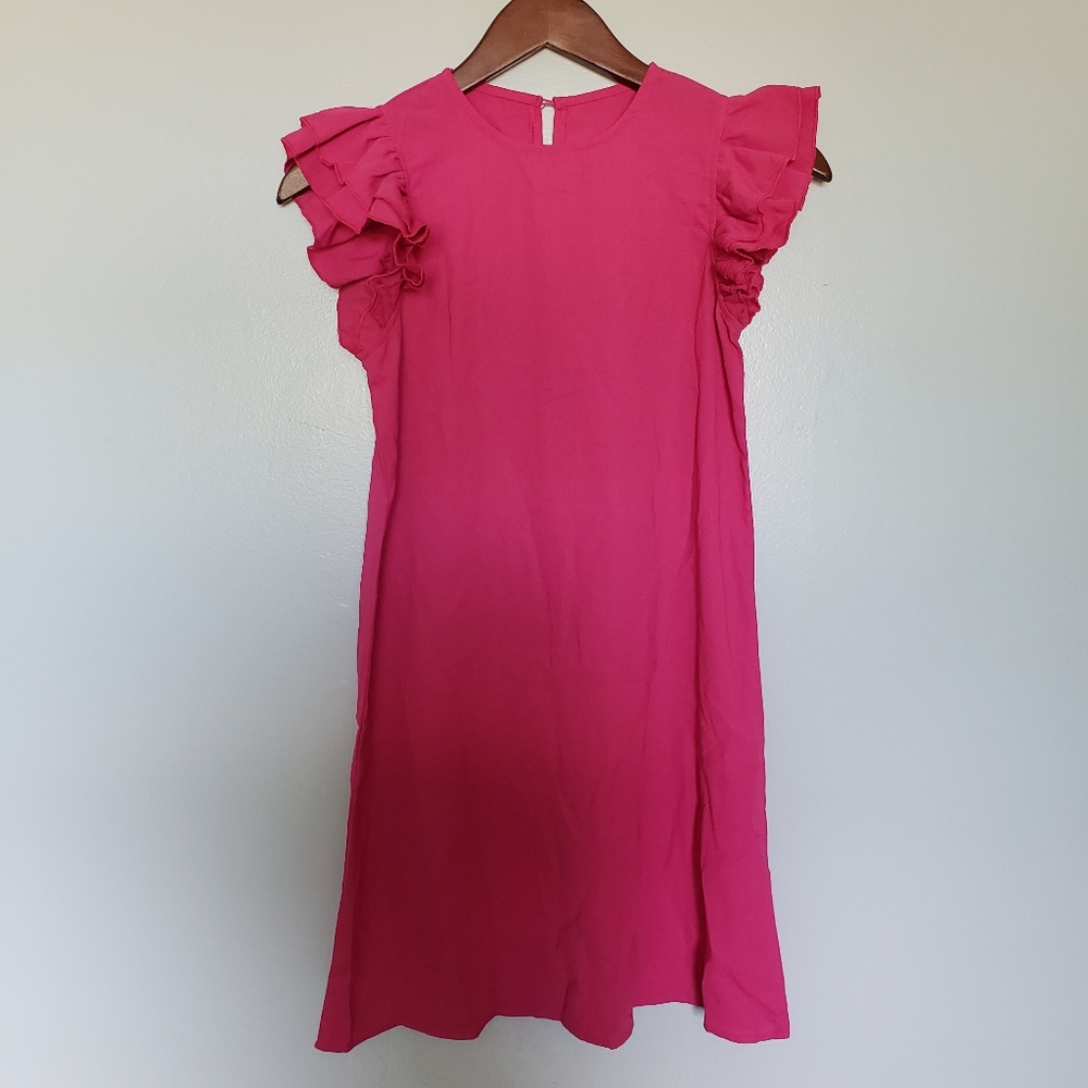 Pink Flutter Sleeve Flare Out Dress